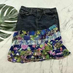 Converse Womens Vintage Y2k Denim Skirt Size M Floral Ruffle Trim Blue Purple